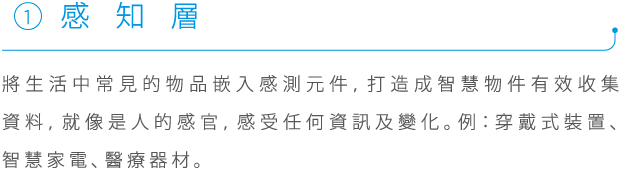 感知層, 將生活中常見的物品嵌入感測元件，打造成智慧物件有效收集資料，就像是人的感官，感受任何資訊及變化。例：穿戴式裝置、智慧家電、醫療器材。